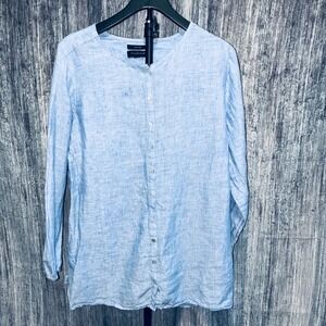 Tahari 100% Linen Long Sleeve Button Up Blue Top NO SIZE TAG SEE MEASUREMENTS